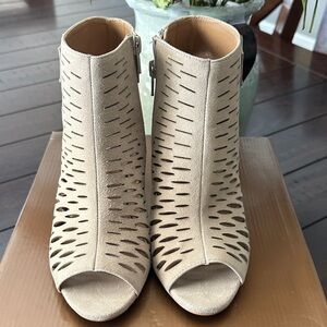 Audrey Brooke Beige Laser-Cut Peep-Toe Ankle Booties